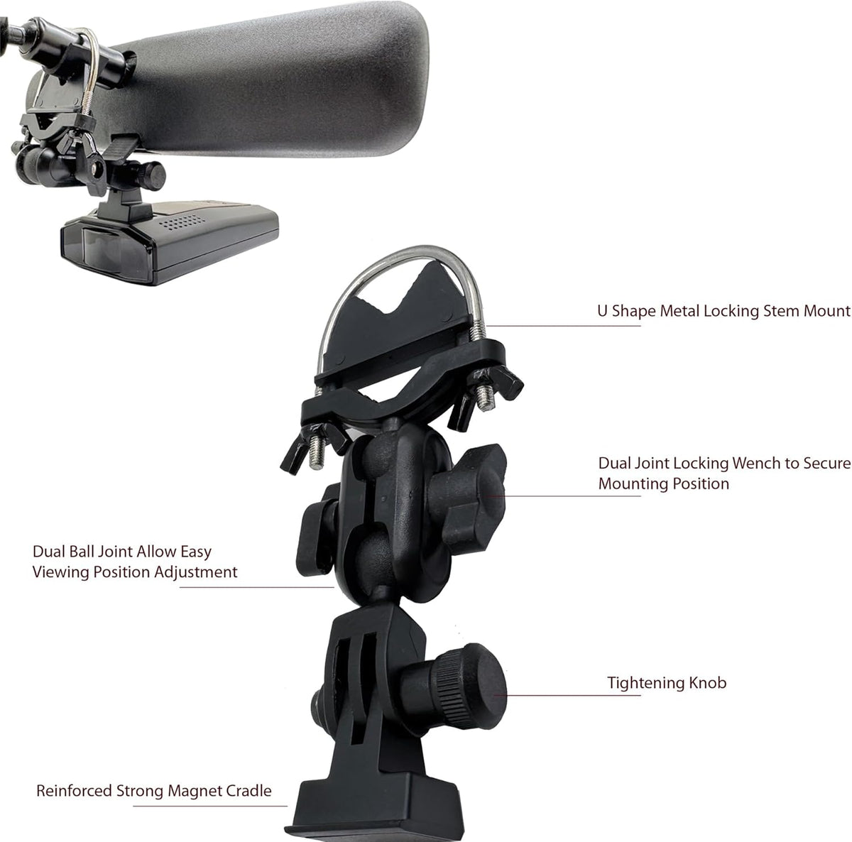 Newly Revised M1 M2 Camera Compatible - UBolt Rearview Mirror Stem Mount w/Magnetic Cradle for Escort IX IXc Max360C MKII Max3 Max4 MaxCam Redline EX GT360 Cobra DualPro RAD700i Radar Detectors