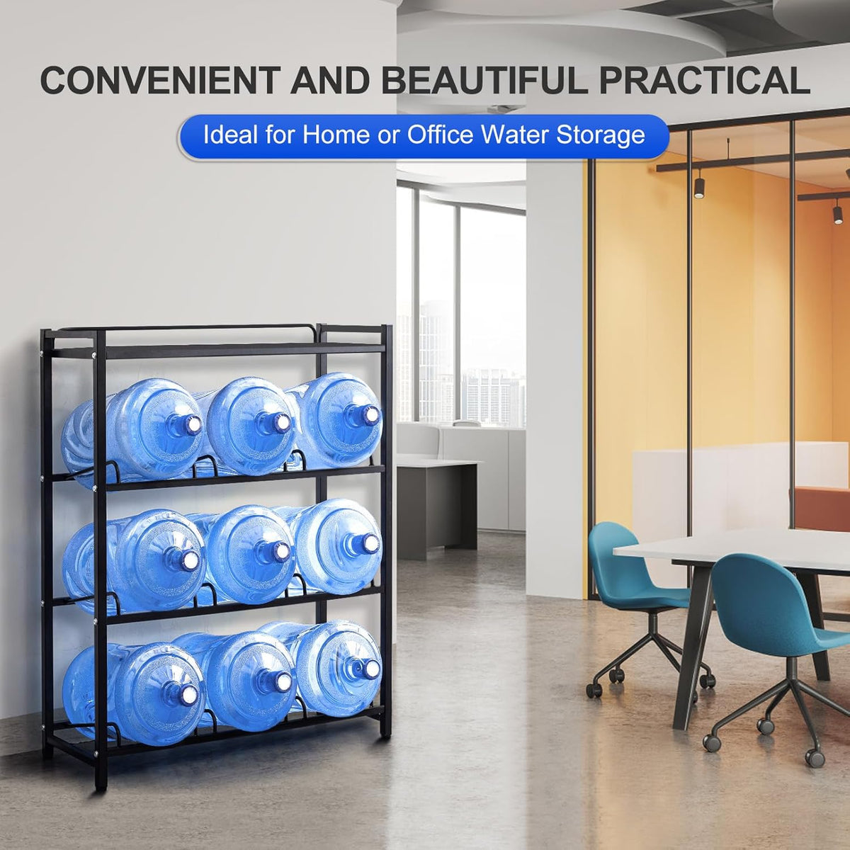 5 Gallon Water Bottle Holder 9-Tray 3/5 Gallon Water Jug Rack with Top Shelf Heavy Duty 5 Gallon Water Jug Stand for Kitchen, Office, Garage, Black