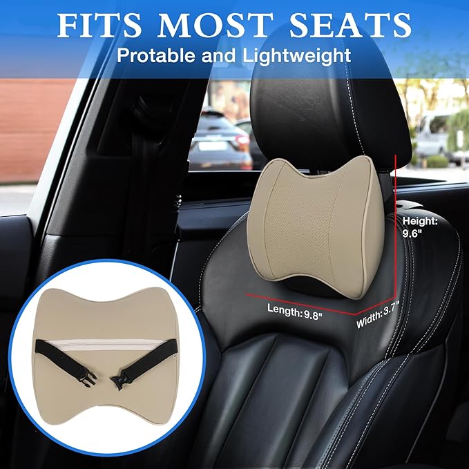 2 Pack Car Neck Pillow, Softness Leather Car Headrest Pillow, 100% Memory Foam and Breathable Removable Cover, Neck Support Head Pillow for Ergonomic Design (Beige)