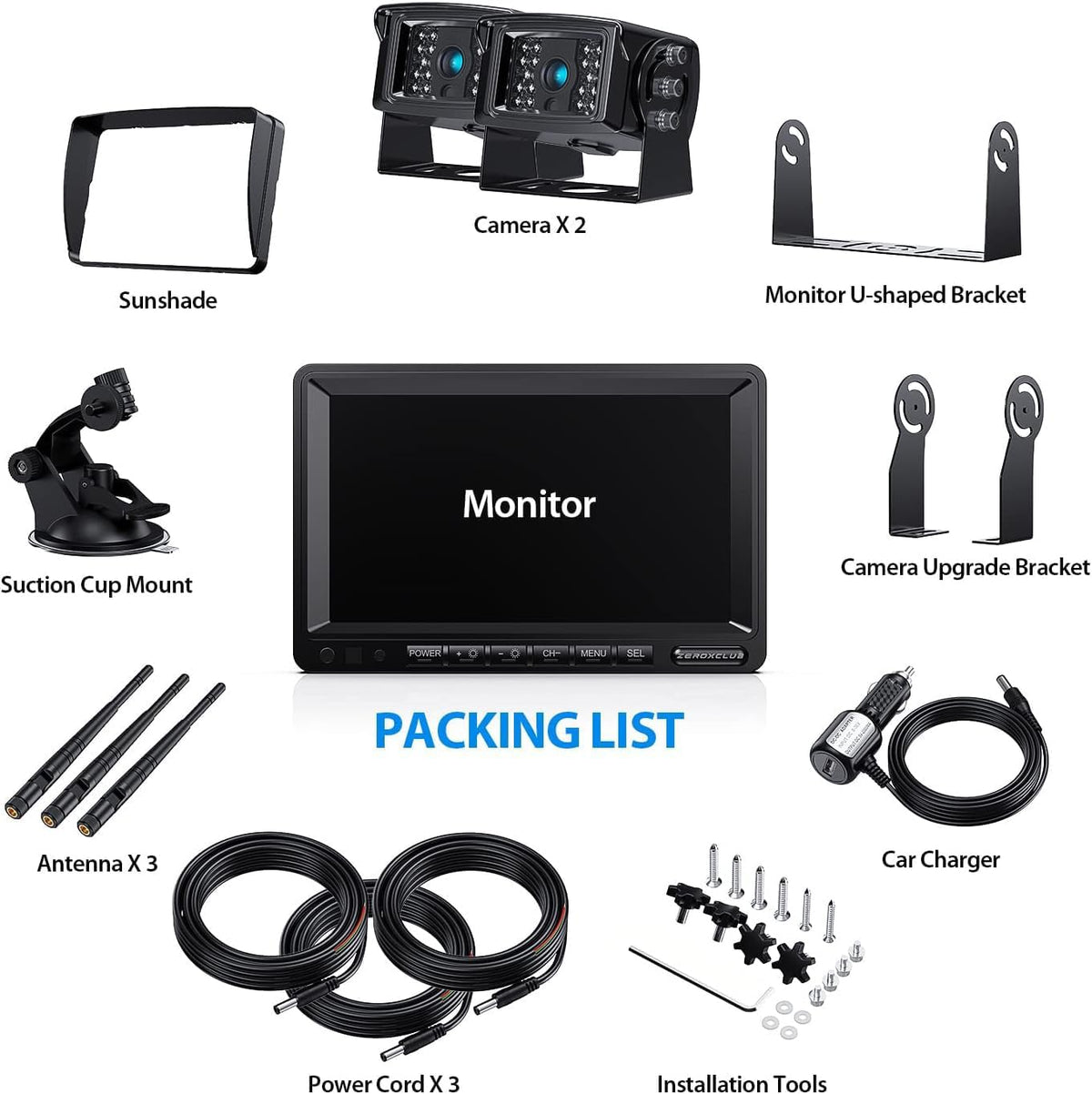Digital Wireless Backup Camera System Kit, IP69K Waterproof Wireless 2 Rear View Camera + 7ââ LCD Dual Split Monitor for RV/Truck/Bus/Camper/Trailer (WX02)