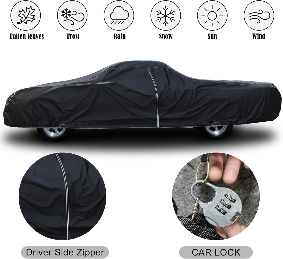 Waterproof Car Cover Compatible with Chevrolet El Camino 1964-1967 & 1978-1987 300D All Weather Classic Car Covers with Zipper Door Reflective Strips Lock for Snow Rain Dust