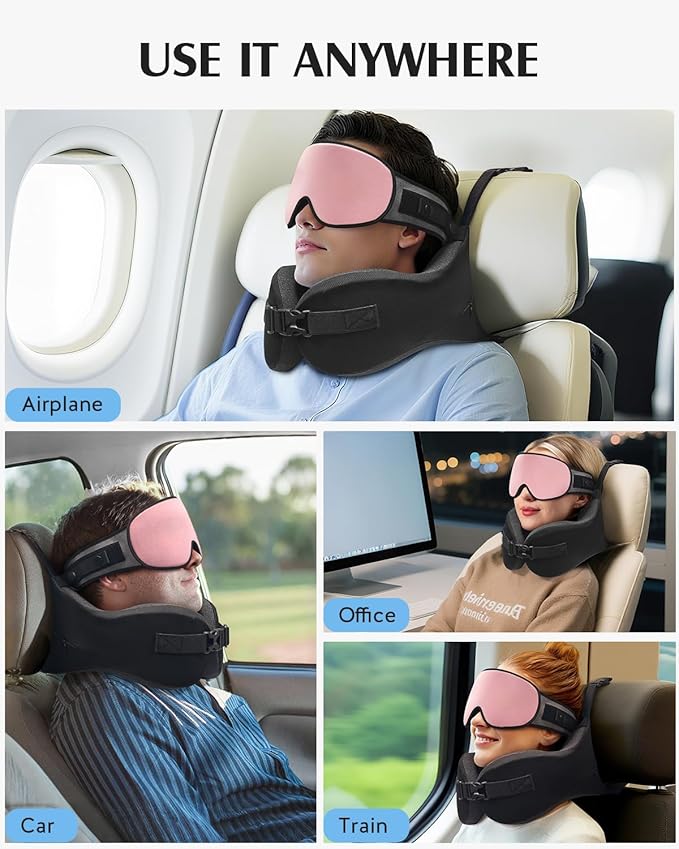 YFONG Travel Pillow for Long Flight Airplanes, Head Strap Combo with 3D Contoured Eye Mask for Sleep, Neck Pillow for Car Trip Essential, 360° Support Memory Foam Headrest, Prevent Head Bobbing, Pink