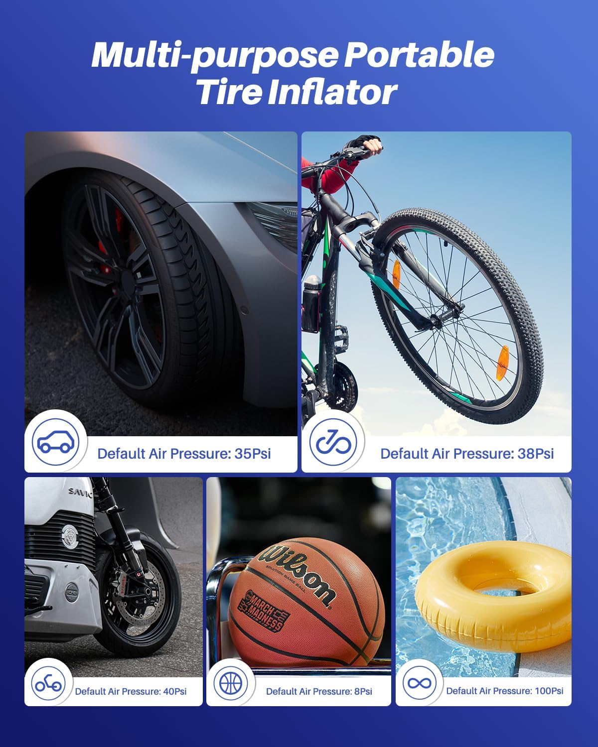 AUTOONE Tire Inflator Portable Air Compressor, 150PSI Air Pump for Car Tires with Tire Pressure Gauge, 3X Faster One Click Smart Cordless Tire Air Pump for Car, Motorcycle, Bike, Ball and More