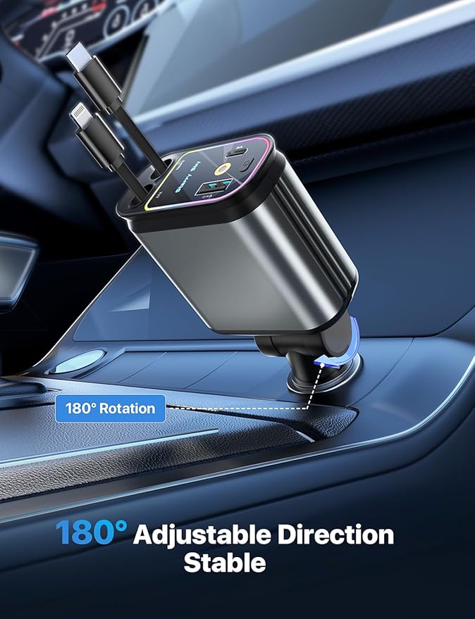 Starlight Retractable Car Charger with Retractable Cables, Starlight in Car Roof 4 in 1 Super Fast USB C Car Phone Charger, 2 USB Ports Starry Sky Adapter, Compatible with iPhone 17 16 15 14 13 12