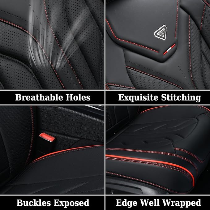 Coverado Seat Covers, Car Seat Covers Full Set, Leather Seat Covers for Cars, Automotive Seat Covers Car Seat Protector Car Accessories Fit for Most Sedans SUV Pick-up Truck(Black&Red)
