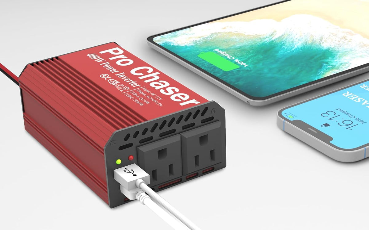 Pro Chaser 400W Power Inverters for Vehicles - DC 12v to 110v AC Car Inverter Converter, USB-A, PD 65W USB-C Ports, Dual AC Adapter for Air Compressor Laptops