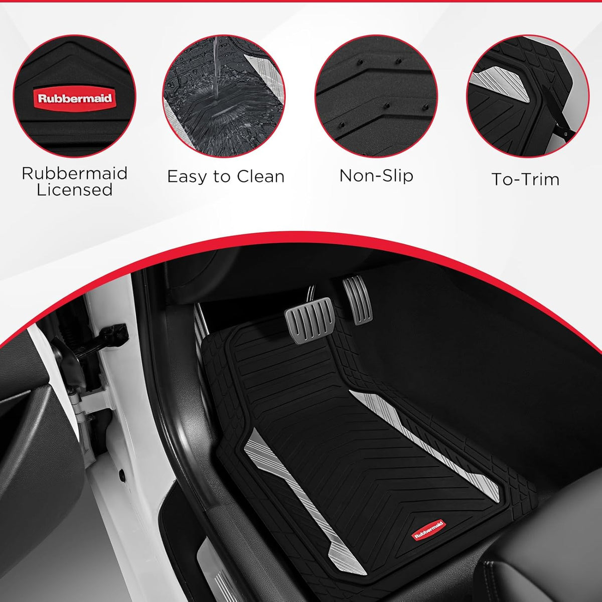 Rubbermaid Car Floor Mat, Heavy Duty All-Weather Car Mats Full Set with Dual-Tone Sliver Aluminum Inserts – Universal Fit, Anti-Slip Backing, Trim-to-Fit for Most SUV, Sedan, Van