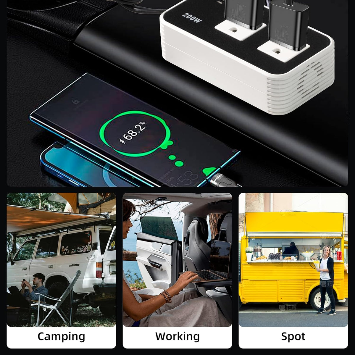 200w Automotive Power Inverter, 5v Dc to 110v Ac Automotive Converter, Automotive Adapter Plug Socket, 3 USB Ports, 1 Tep-C Port, Car Laptop Charger