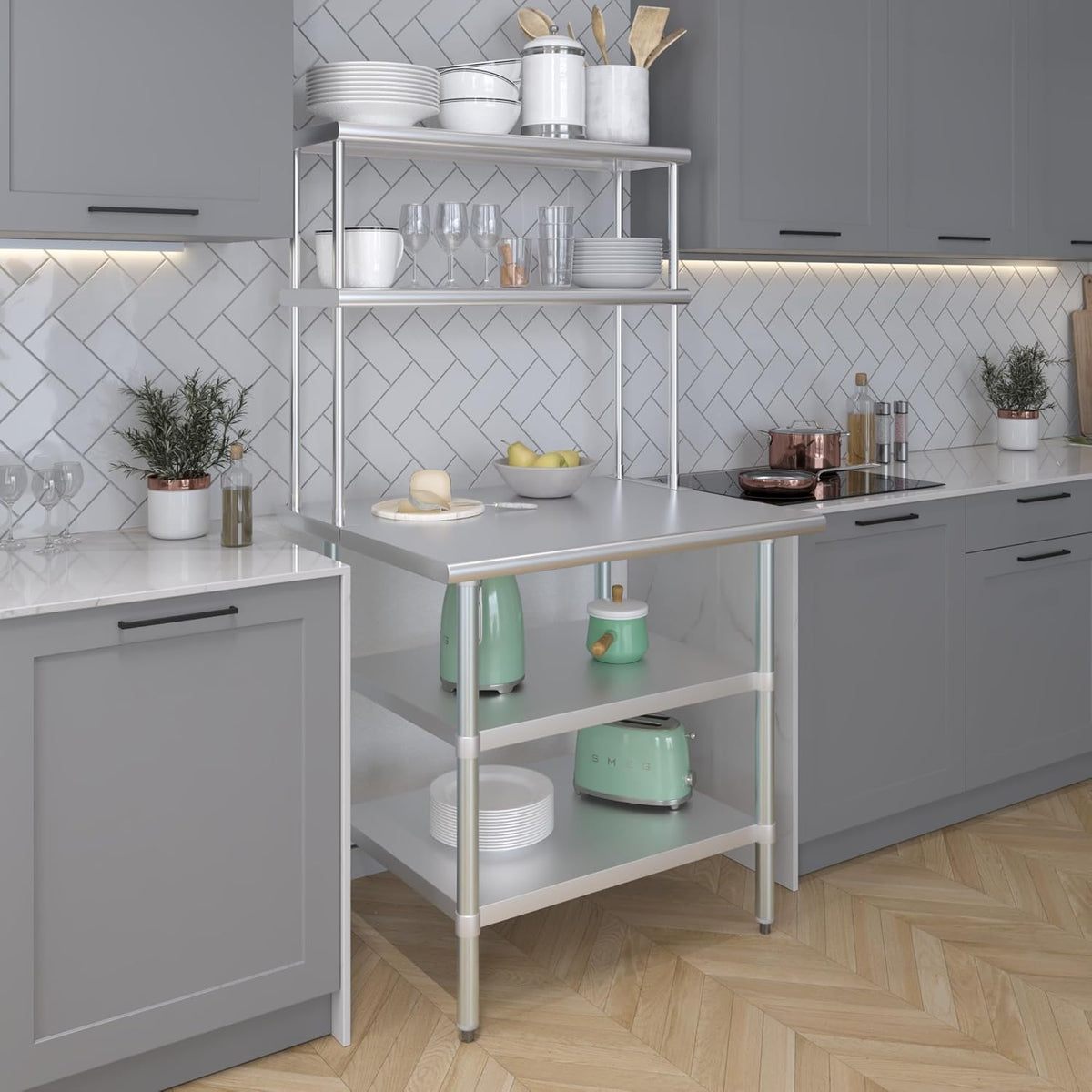 Amgood Stainless Steel Work Table with 2 Shelves | Metal Kitchen Prep Table & Shelving Combo (30" x 36" Table with 2 Shelves + 12" Overshelf)