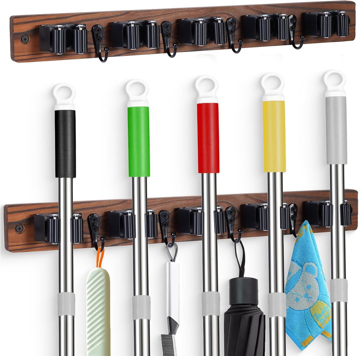 2 PACK Broom Holder Wall Mount With 5 Slots & 4 Hooks,Rustic Wood Broom & Mop Hanger,Wall Mounted Garden & Garage Tool Storage Organizer Rack for Closet Laundry Room or Kitchen Wall Decor