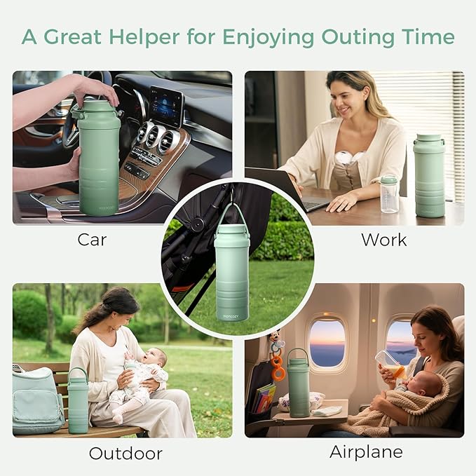 Momcozy 22oz Portable Breast Milk Cooler for Outdoor, Life Saver with 360° Total Cooling for 24 Hours, Larger Capacity Travel Breastmilk Chiller with 2pcs Baby Bottles for Breastmilk Storage, Green