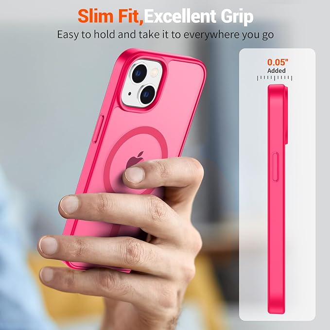 SUPFINE Magnetic for iPhone 15 Case (Compatible with MagSafe) (Military Grade Drop Protection) Slim Translucent Matte Shockproof with Anti-Fingerprint Phone Case,Hot Pink