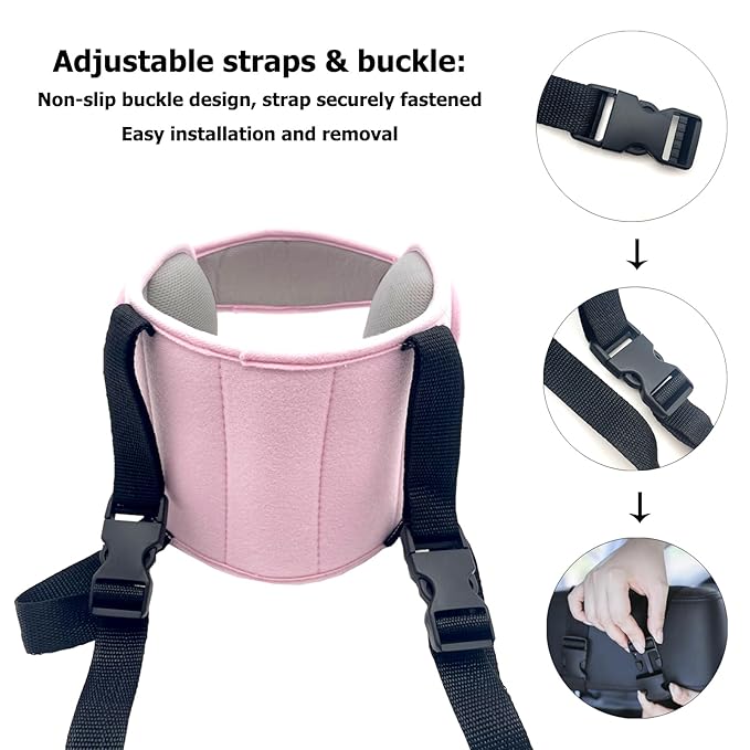 LETTON Car Seat Head Support for Child, Adjustable Toddler Car Seat Head Holder Head Strap, Safe, Breathable Head & Neck Pillow Support Solution– Baby & Kids Travel Accessories, Grayish Pink