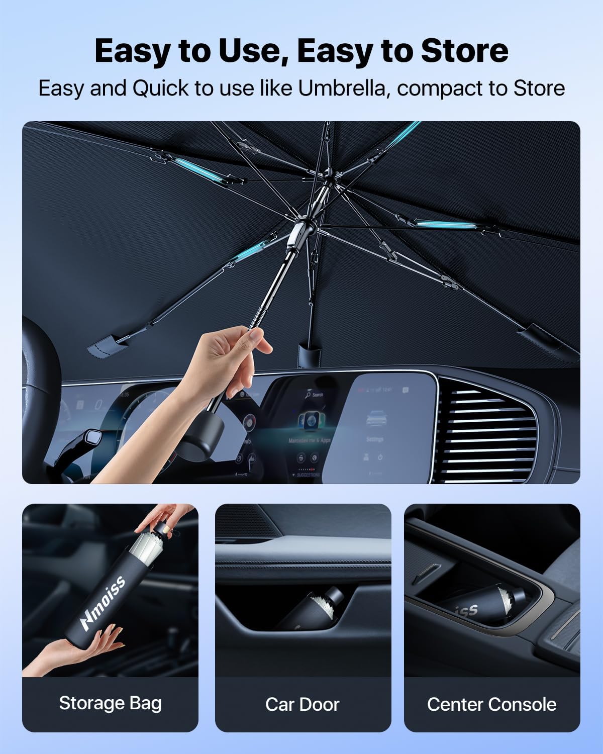 Upgrade Nmoiss Windshield Sun Shade Umbrella for Car Vinyl Coating Protect Car from Sun Rays & Heat Damage Keep Cool and Protect Interior Small (53" L x 29" W)