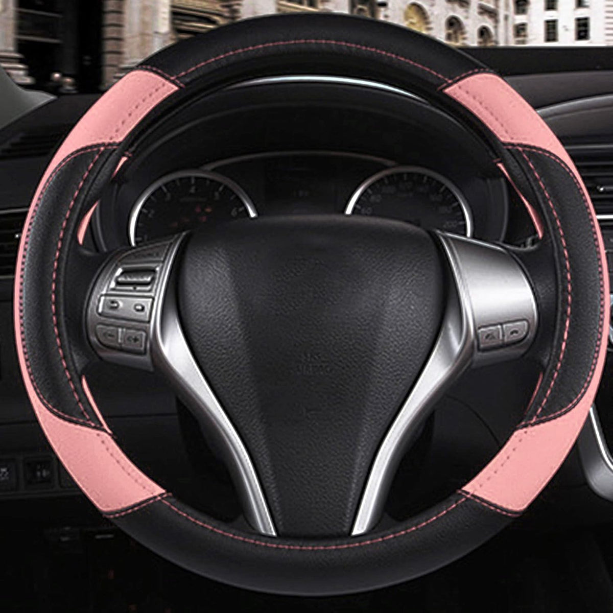 Leather Car Steering Wheel Cover, Non-Slip Car Wheel Cover Protector Breathable Microfiber Leather Universal Fit for Most Cars(Pink)