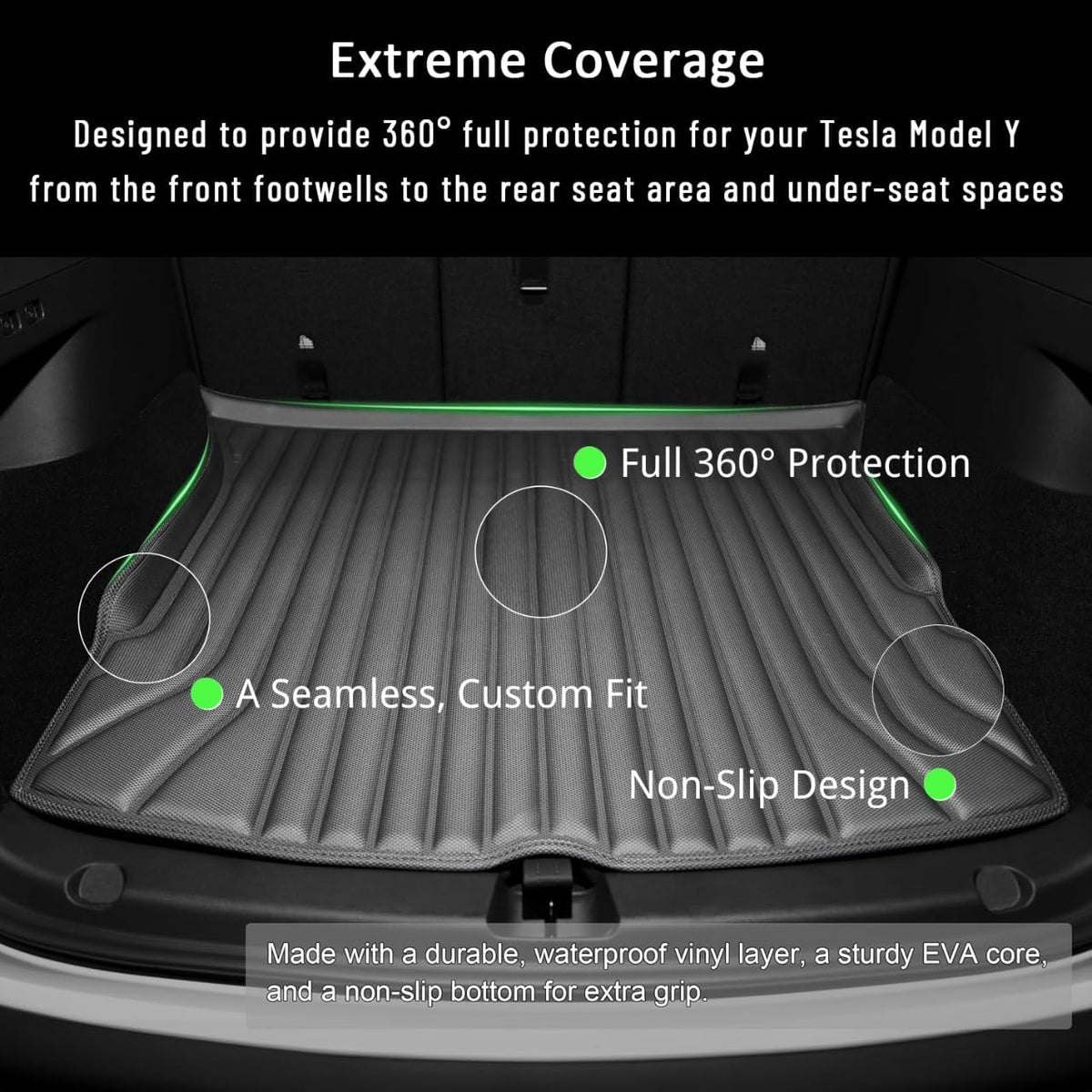 Floor Mats for Tesla Model Y(2021-2025) Custom Fit All Weather Cargo Liner Cargo Trunk,Full 360° Cabin Protection,GapZero Fit with TrackGuard Rail Protection (Does NOT fit 7-Seat & Juniper)