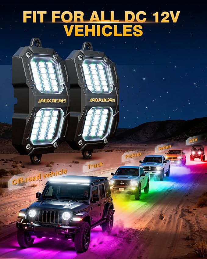 Auxbeam 4 Pods RGB LED Rock Lights Dynamic Color Changing with Brake Mode Wheel Well Lights w/Bluetooth APP+Remote Control Music Voice Sync IP67 Waterproof Underglow Kit for Trucks ATV 1 Year Warranty