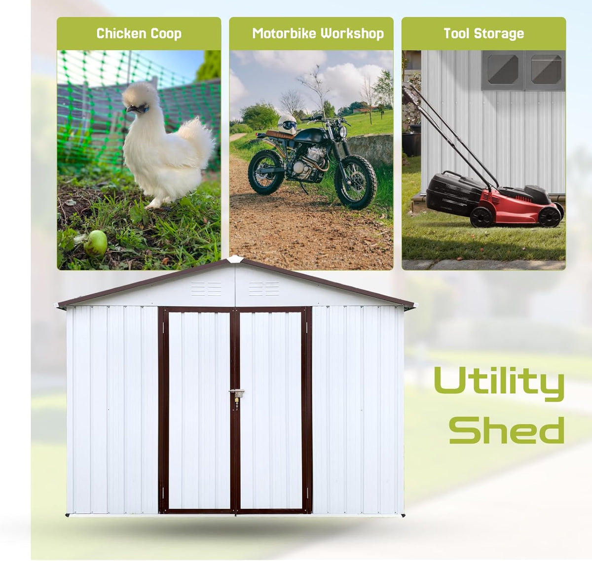 8 x 6 FT Outdoor Storage Shed, Metal Garden Tool Shed with Slooping Roof, Lockable Doors, All-Weather Bike Shed Easy to Assemble for Backyard, Patio, Lawn, White