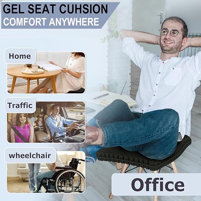 Gel Seat Cushion for Long Sitting Pressure Relief - Non-Slip Gel Chair Cushions for Back, Sciatica, Tailbone Pain Relief - Seat Cushion for Office Desk Chair, Car Seat – Wheelchair Cushions