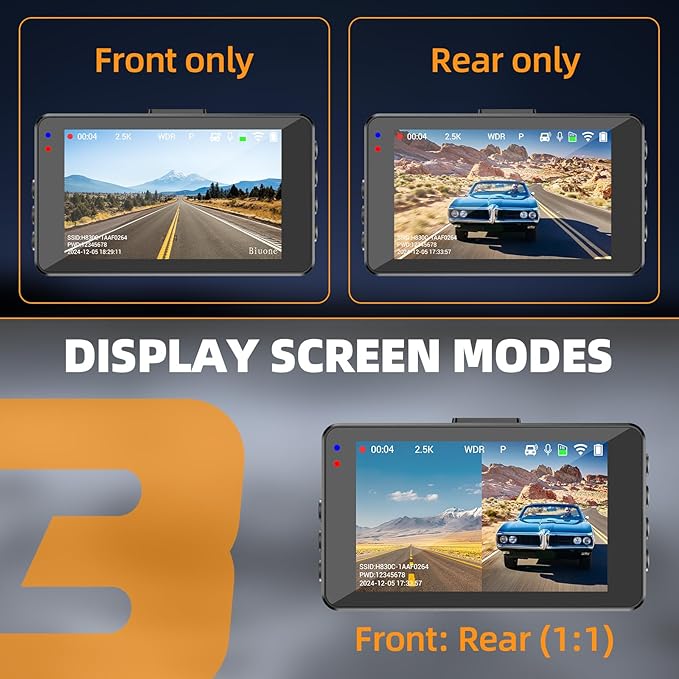 Dash Cam Front and Rear Dash Camera WiFi/APP Control Car Camera with 64G Card 2.5K Front Dash Cam+1080P Rear Dashcams with Super Night Vision, Loop Recording, G-Sensor