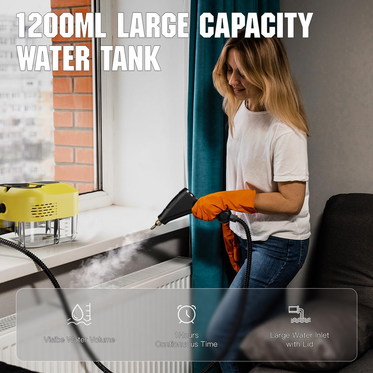 Handheld Steam Cleaner for Home&Kitchen, 212°F High Temperature, 1200ML Tank, Portable Steam Cleaner for Car Carpet Detailing Window Floor Couch Grease Tile, Pressurized Steamer for Cleaning