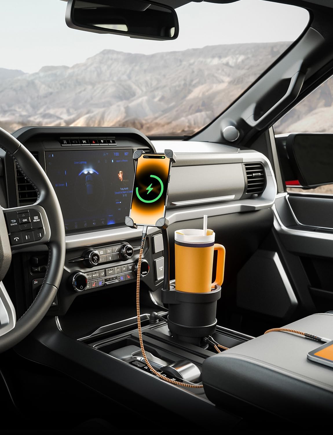 ToughTested XL Power Cup Holder Phone Holder - Heavy-Duty Phone Mount & Oversized Cup Holder for Car – Fits 64oz YETI/Stanley Mugs, USB Ports, 9" Gooseneck Arm – Universal for Truck, SUV, RV & Van