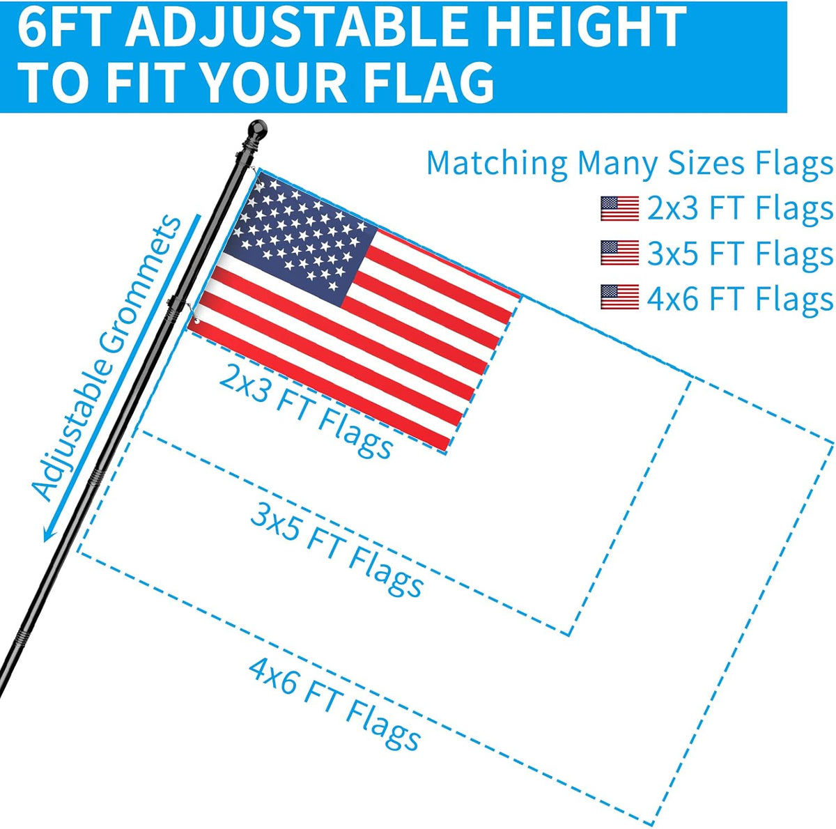 ZMTECH Flag Pole - Upgraded Bracket, (2 Packs) 6 FT Stainless Steel Flag Poles for Outside House, Residential or Commerical, Tangle Free Flag Pole Kit for American Flag (Without Flag, Black)