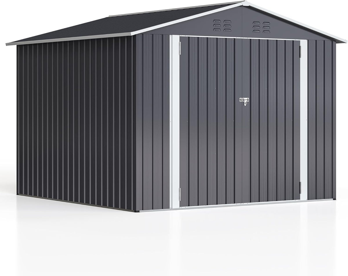 WKM 8x8 FT Outdoor Storage Shed, Utility Metal Tool Storage with Lockable Doors and Updated Frame Structure, Large Metal Garden Shed for Backyard, Patio Lawn, Black