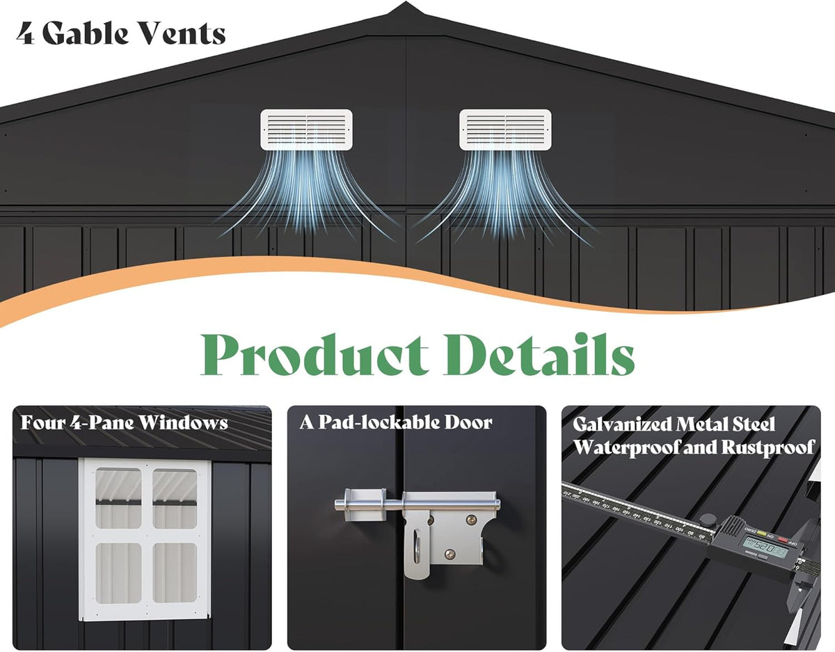 AMERLIFE 13.2x21x8 FT Outdoor Metal Garage Shed, Extra Large Storage Shed with Double Hinged Doors, 4 Windows, Carport for Car, Truck, Bike and Lawn Equipment, Dark Grey