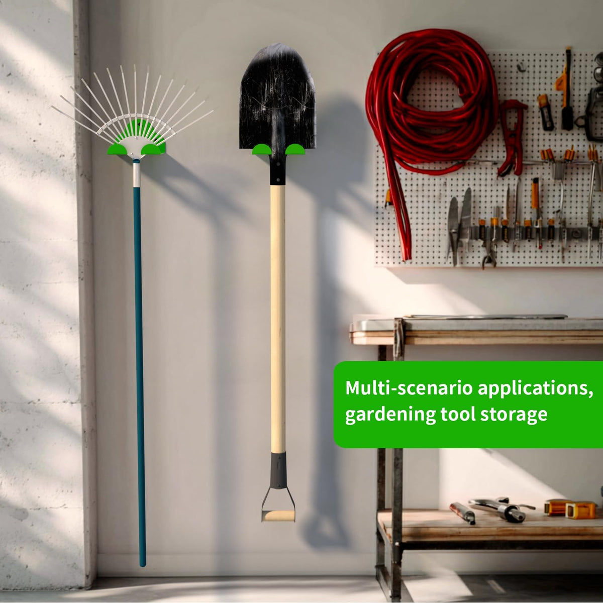 Trimmer Rack Wall Mount, Heavy Duty Weed Eater Hanger for Grass Trimmer, Hedge Trimmer, Leaf Blower, Chainsaw, Garage Organizer Tool Holder with 6.2" Hook for Garage Storage Shed Organization, Green