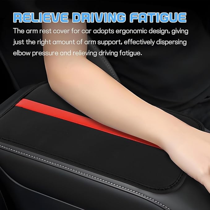 wuyaoyao Car Center Console Cover, 12.6"×7.87" PU Leather Armrest Cover for Cars, Stylish Auto Armrest Cushion Pad, Waterproof Vehicle Arm Rest Protector, Interior Car Accessories (Black+Red)