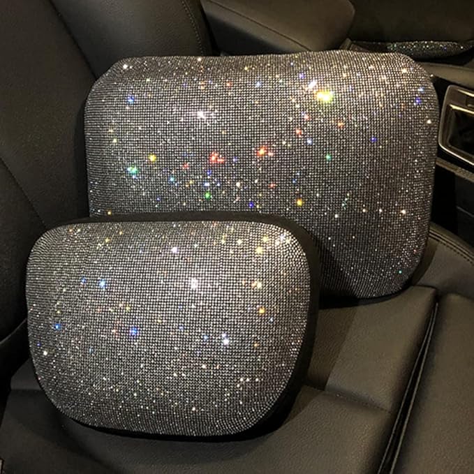 Lumbar Support Pillow Summer Decorative for Car Soft Bling Accessories Sparkly Diamond Rhinestone for Women Girls, Universal Office Chair Lower Back Cushion Rubber Black