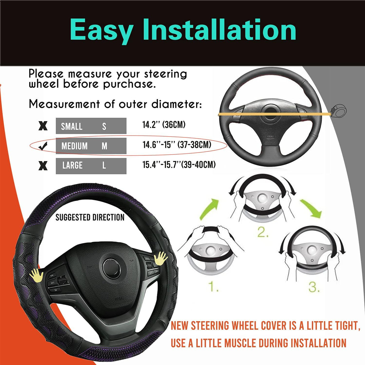 PINCTROT Steering Wheel Cover Great Grip with 3D Honeycomb Anti-Slip Design, Universal 14.5-15 Inch (Purple)