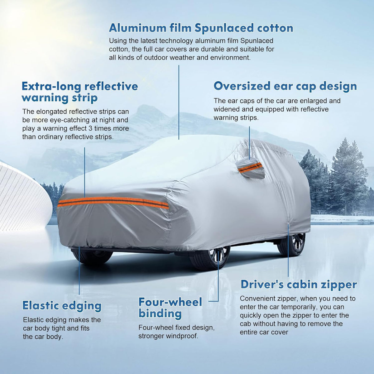 KEYOOG Car Cover, Fit for 178"-189" Length Sedan, 6-Layer All-Weather Waterproof, Universal in All Seasons, Snow Prevention, Rainproof, Acid Rainproof, Sunscreen, Orange Reflective Strip