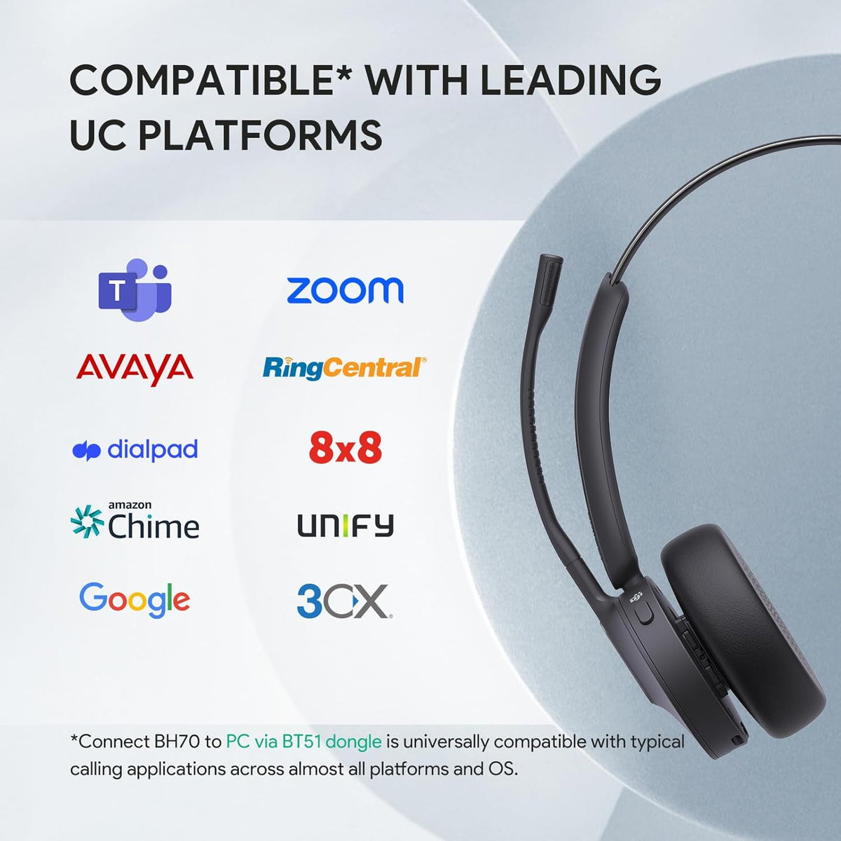 Yealink BH70 UC (NO Dongle) Wireless Bluetooth Headset with Microphone for Work, 35h Talking Battery Life, 3-Mic Noise Cancellation Headsets for Computer, 91g Lightweight Headphone for Open Office