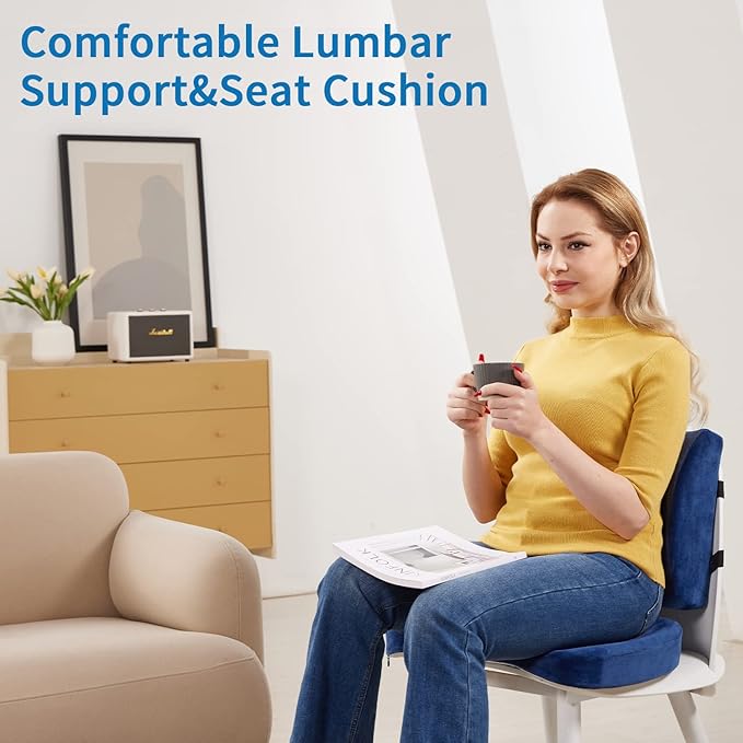 SAIREIDER Chair Cushion and Lumbar Support Pillow for Office Chair, Car Seat Cushions Back Support Pillows, Memory Foam Chair Support for Back&Lumbar, Relieve Tailbone Pain and Sciatica (Blue)