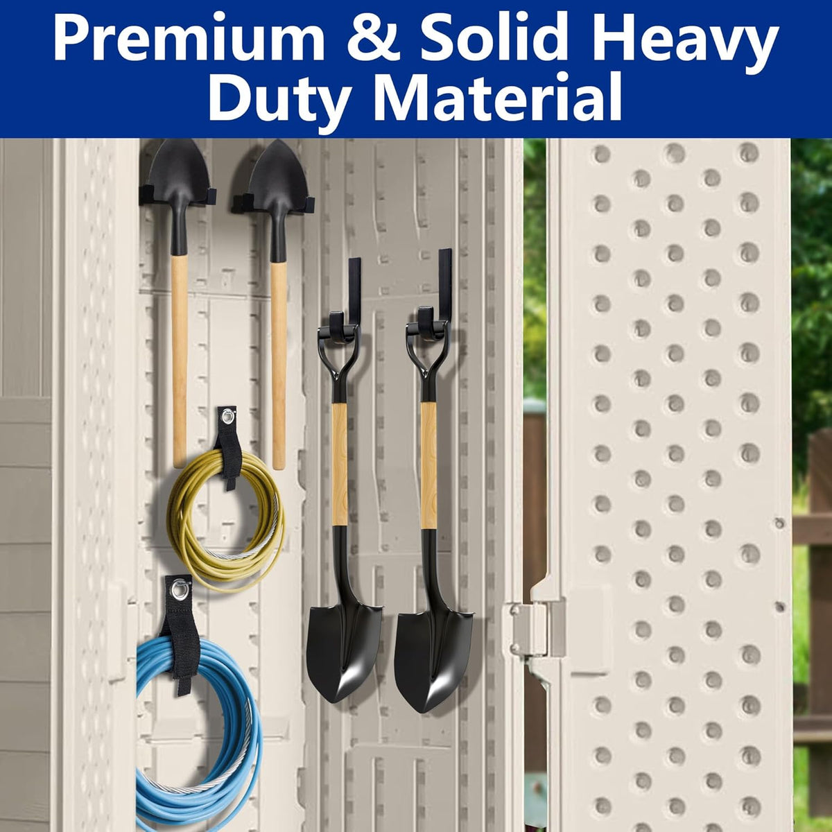 12 Pcs Storage Shed Tool Hooks with Extension Straps,ABS Shed Tool Hangers Include U-Shape and J-Shape,Storage Shed Shelves Accessories for Organizing Tool, Ladders, Bulk Items