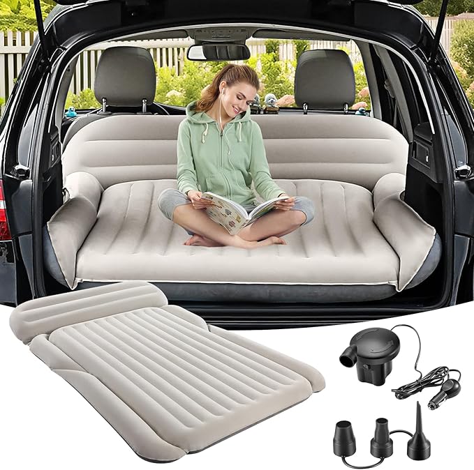 KMZ SUV Air Mattress Thickened Double Flocking Camping Mattress Upgraded Portable Sleeping Car pad Comfortable Inflatable Travel Bed with External Pump and 2 Pillows(Off-White and Light Gray)