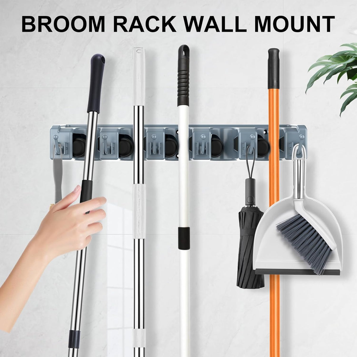 nacena Broom Holder Wall Mount, 2 Packs grey Wall Hanging Garden Tool & Utility Closet Organizer Mop & Broom Hook Wall Mounted Heavy Duty Broom and Mop Organizer Wall Hanging for Bathroom, garage