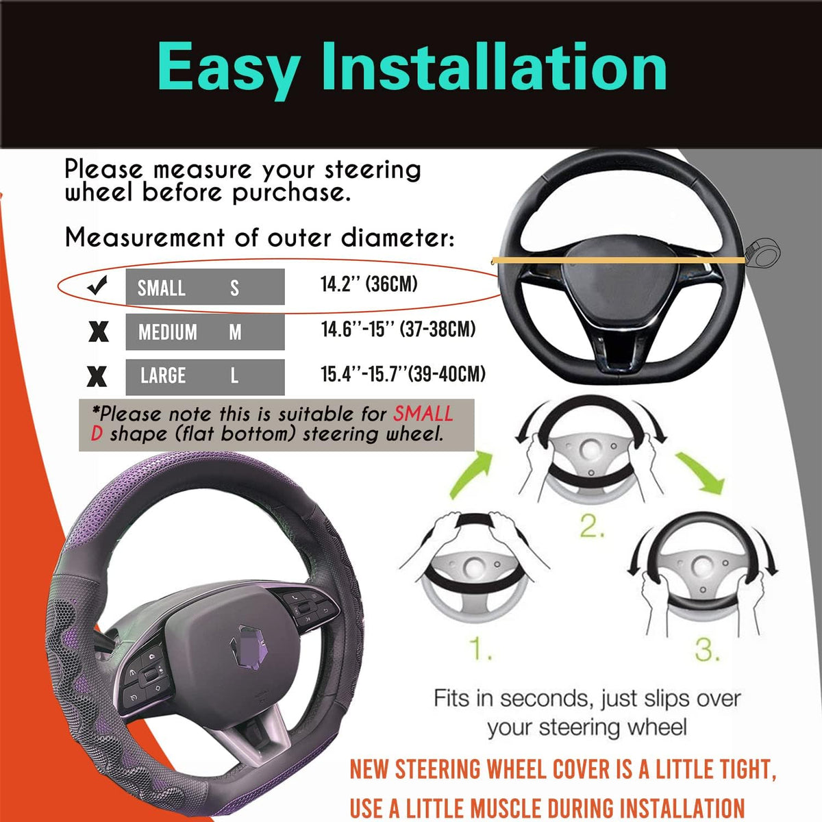 PINCTROT D Shaped 14 Inch Small Sized Steering Wheel Cover Great Grip with 3D Honeycomb Anti-Slip Design, Flat Bottom 14 Inch (Purple)