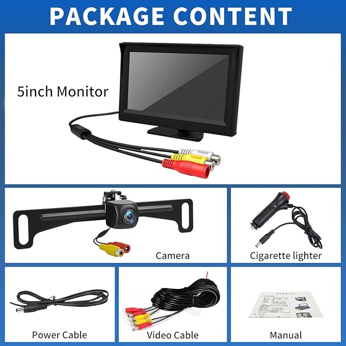 Kairiyard License Plate Backup Camera with 5in Monitor, 170 Degree Wide Angle DIY Grid Lines Waterproof Reverse Rear View Camera Systems for Truck Car Trailer SUV