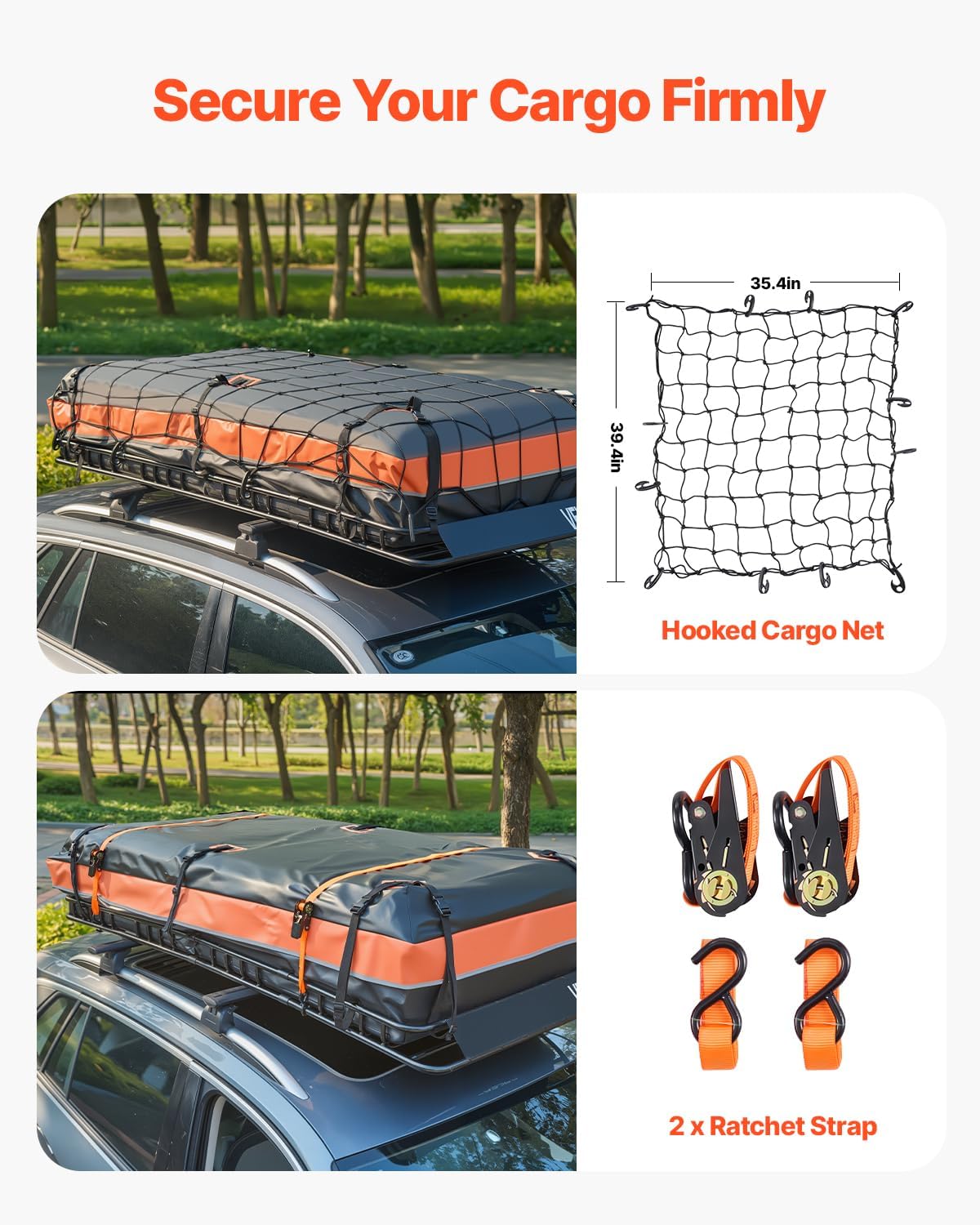VEVOR Roof Rack Basket, 84 x 39 x 4.1 in, Universal Rooftop Cargo Carrier with 7.9 x 3.9 x 10.2 in Cargo Bag, Net, Ratchet Straps, 250 lbs Max Load Capacity Car Top Luggage Holder, for SUV Truck Car