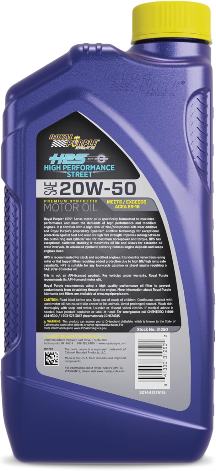 Royal Purple (36250-6PK HPS 20W-50 Synthetic Motor Oil with Synerlec Additive Technology - 1 Quart, (Case of 6)
