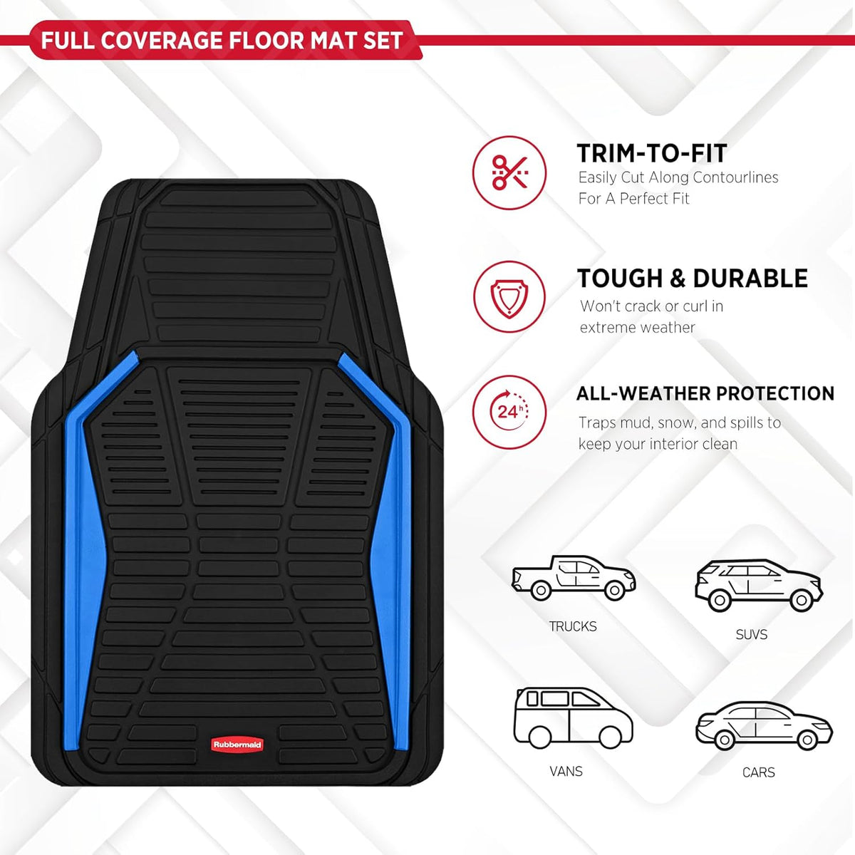 Rubbermaid Car Mat Full Set All-Weather Heavy-Duty 4 Pieces– Trim-to-Fit Universal Car Mats Full Set – Waterproof Rubber Floor Liners for Most Trucks, SUVs, Vans, and Sedans-Blue