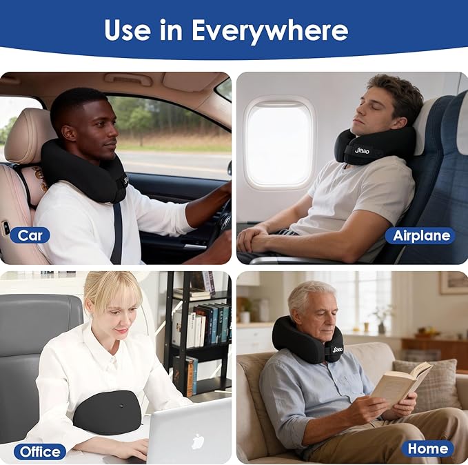 jiaao Travel Pillow Memory Foam Neck Pillow for Airplanes with Adjustable Neck Support, Includes Eye Mask, Earplugs & Storage Bag - Perfect for Flights, Road Trips, and Trains