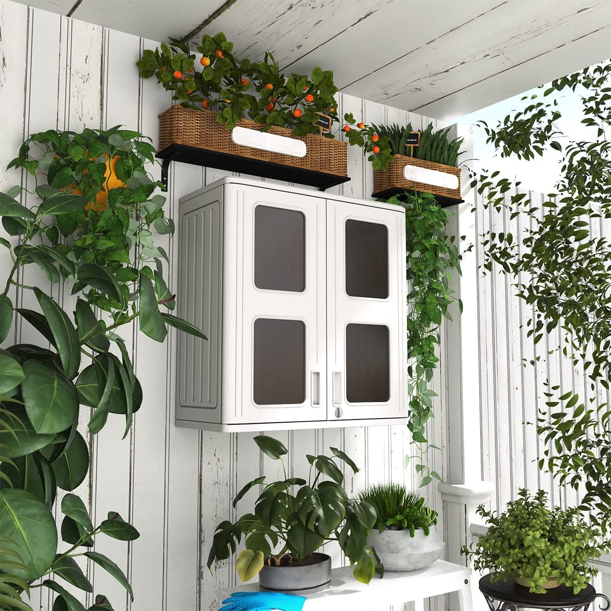 KINYING Outdoor Storage Cabinet Waterproof,Resin Garage and Laundry Room Wall Mounted Cabinets,Outdoor Storage Box with Doors and Shelves,White