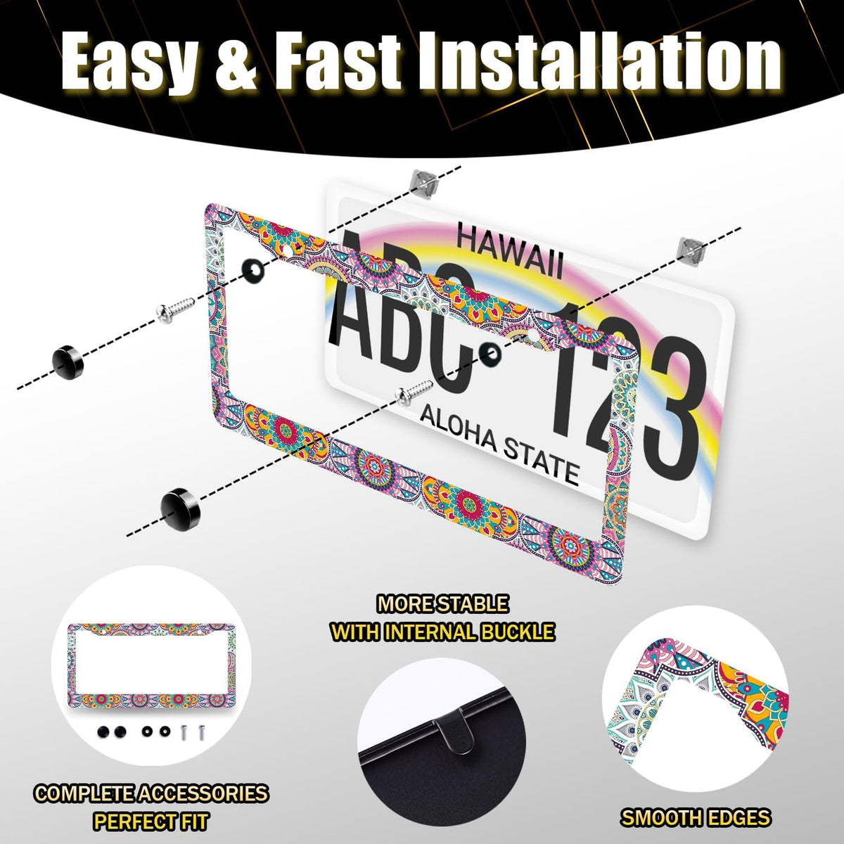 Mandala Hippie License Plate Frame Boho Print License Plate Holder Stainless Steel Front and Rear Car Tags Auto Parts Funny License Plate Decoration with Screws for Men Women s 12.2"x 6.2"