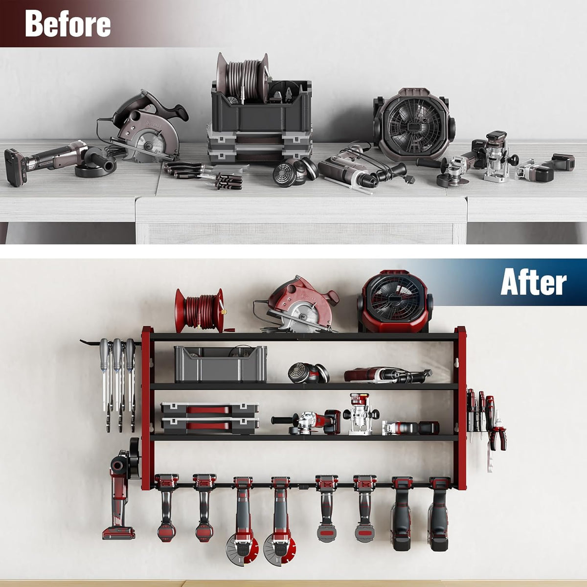 Tomorotec Wall-Mounted Power Tool Storage Rack for Drill, Toolbox & Accessories, Heavy-Duty Steel Organizer with Side Hooks and Adjustable Shelves, Easy Installation Garage & Workshop Storage (Red)