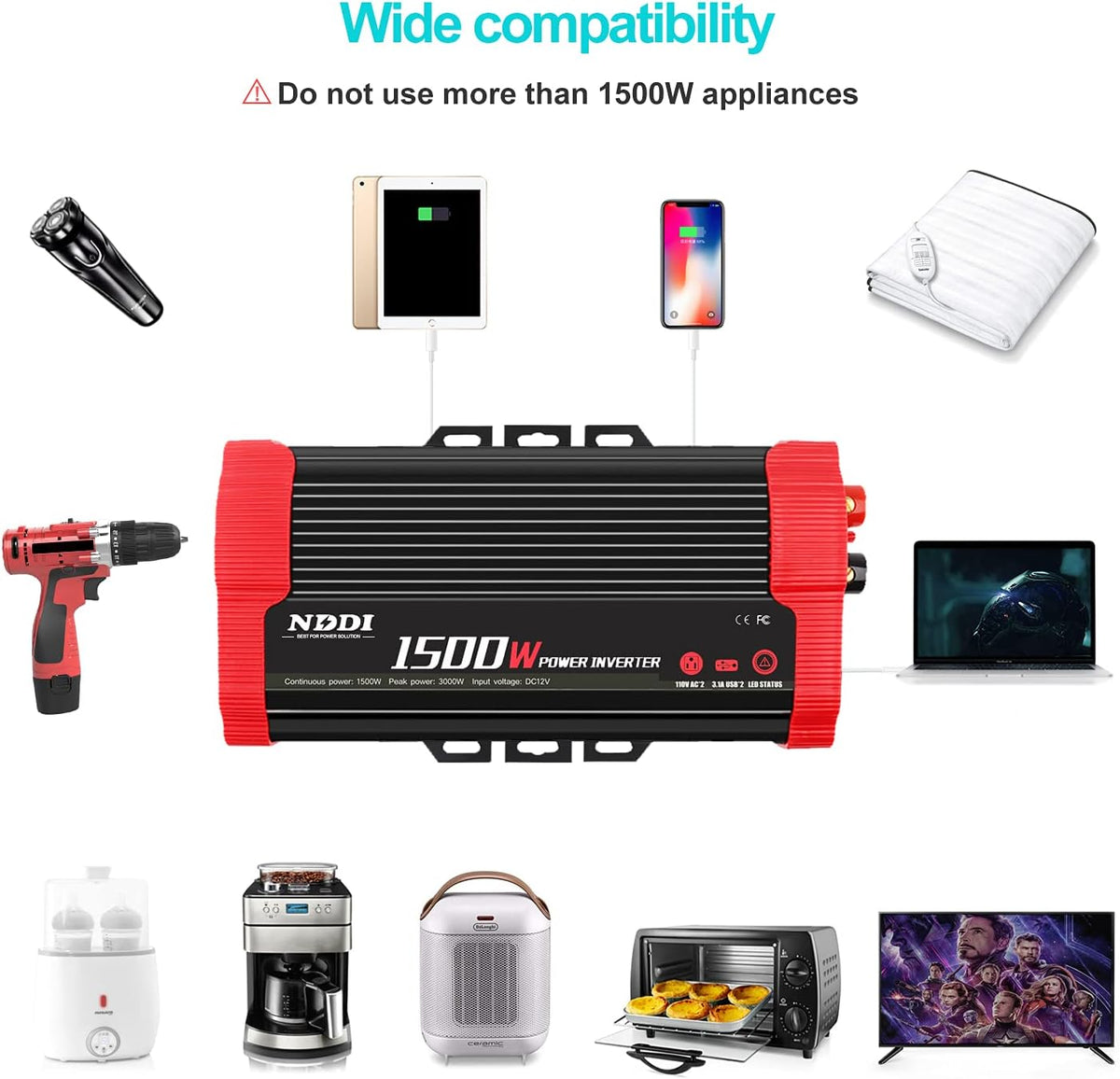 1500W Car Power Inverter 12V DC to 110V AC Car Converter Charger Adapter with Dual 3.1A USB Port and AC Outlets Quick Charging