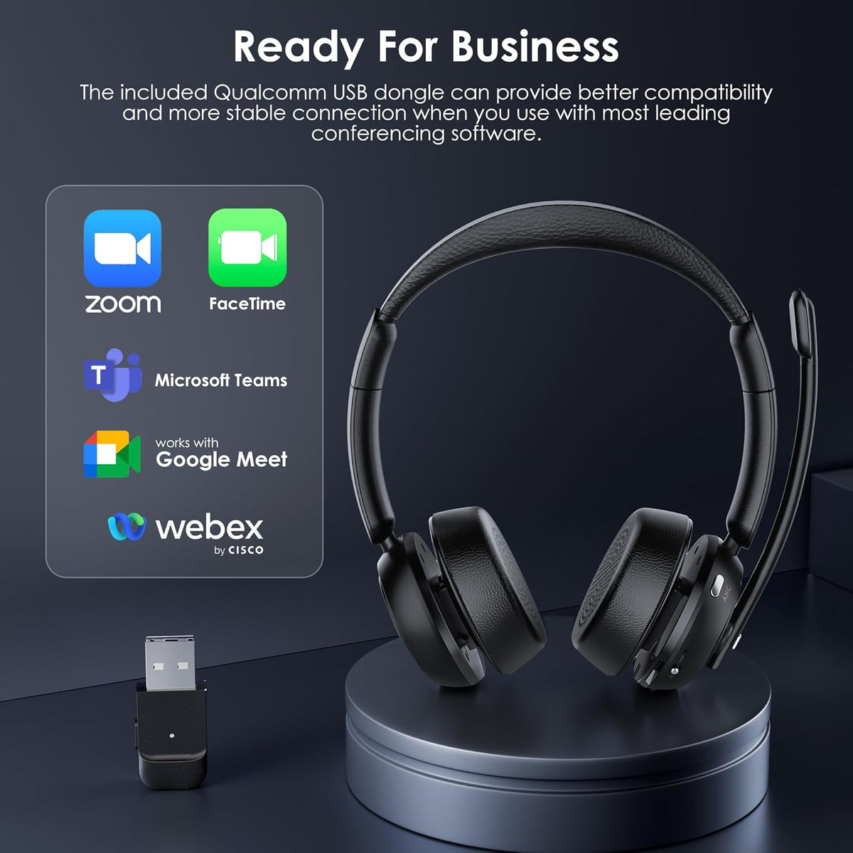 Wireless Headset with ANC & ENC, Bluetooth 5.4 Headset with USB Dongle, Wireless Headphones with Flip-to-Mute Microphone for Work from Home/Office/PC/Cell Phones